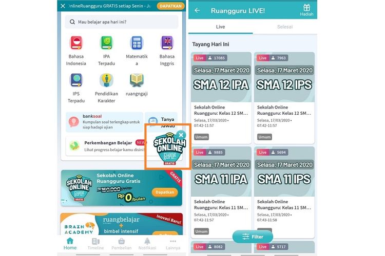 Sekolah Online Gratis Ruangguru bisa diakses dengan mengklik ikon atau banner Sekolah Online.(Ruangguru)
