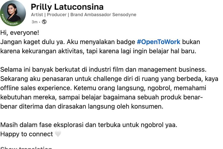 Usai aktifkan #OpenToWork di LinkedIn, Prilly Latuconsina tuai pujian dan kritikan. Simak perjalanan karier