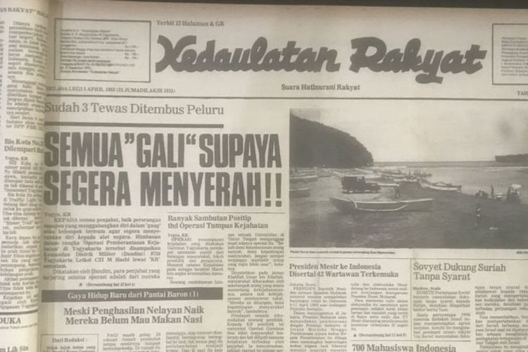Harian 'Kedaulatan Rakyat, 5 April 1983, menurunkan berita utama dengan judul 'Semua gali supaya segera menyerah'.