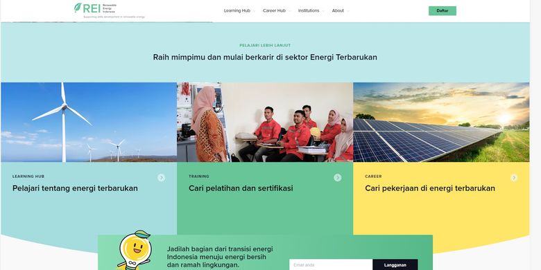 Tangkapan layar halaman muka situs web Renewable Energy Indonesia (REI) yang menyajikan seputar informasi lowongan kerja dan pelatihan mengenai energi terbarukan.