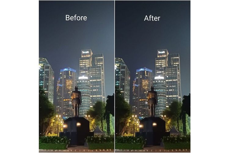 Hasil tangkapan kamera Samsung Galaxy A34 pada malam hari sebelum dan sesudah di-remastering. 