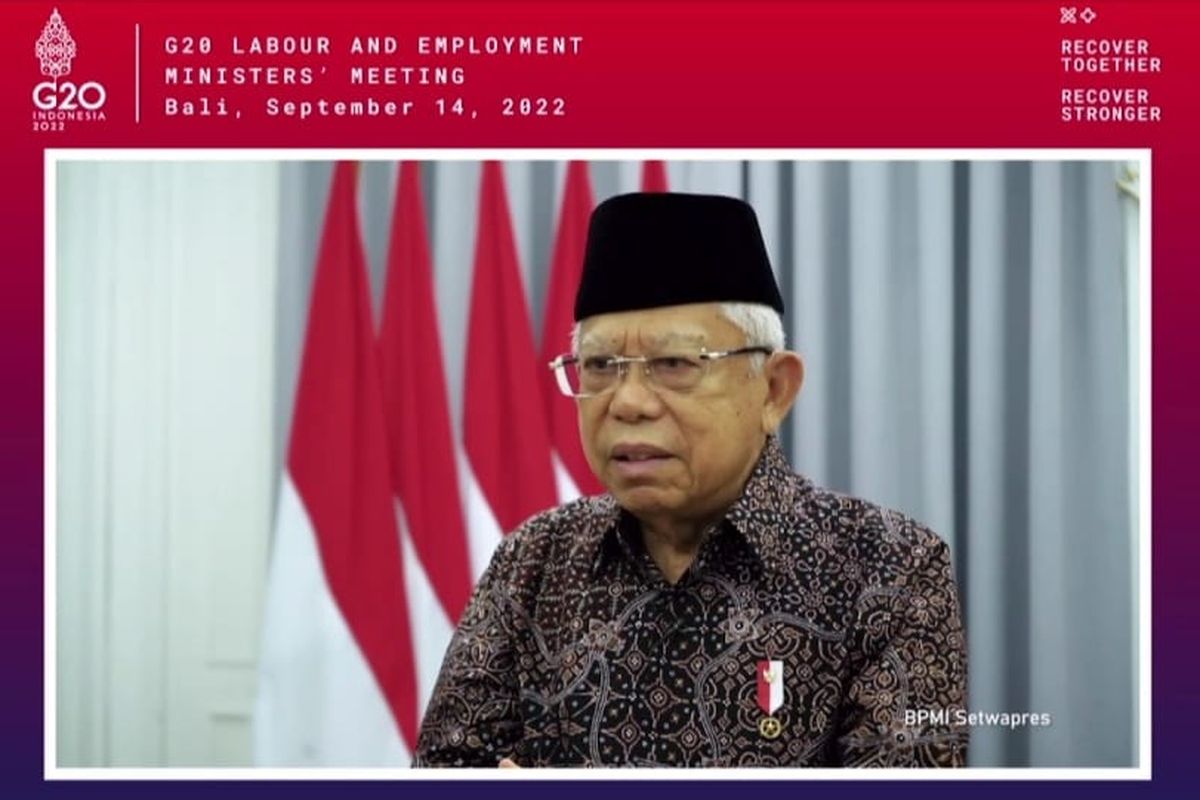 Wakil Presiden (Wapres) Ma'ruf Amin saat membuka pertemuan G20 Labour and Employment Ministers? Meeting (G20-LEMM) yang berlangsung di Jimbaran, Badung, Bali, Rabu (14/9/2022).
