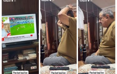 Kreator konter Fadil Jaidi menunjukkan reaksi ayahnya, Muhammad Jaidi atau Pak Muh, saat mengetahui pelatih Timnas Indonesia Shin Tae-yong diberhentikan PSSI.