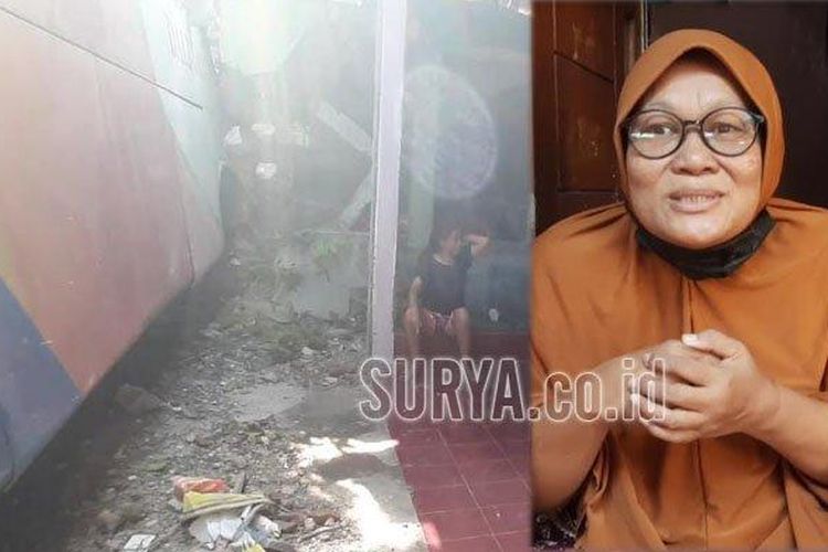 Endang selamat dari kecelakaan Bus Dali Jaya menyasak rumah tetangganya, Kamis (3/2/2022). (Surya.co.id/Willy Abraham)