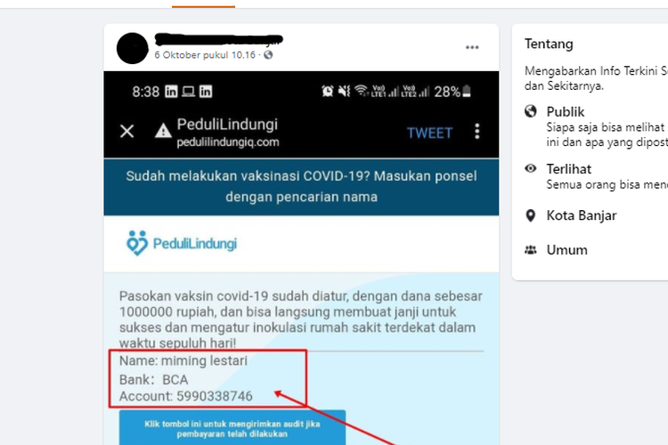 Tangkapan layar unggahan yang menampilkan situs pedulilindungiq.