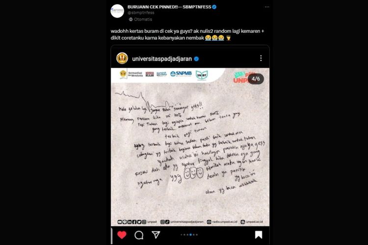 Unpad mengunggah sejumlah foto kertas buram peseta UTBK yang berisi kalimat lucu dan motivasi melalui akun Instagram resminya @universitaspadjadjaran pada Senin (22/5/2023) lalu.