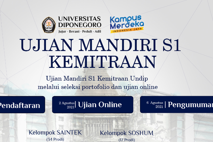 Universitas Diponegoro (Undip) Semarang membuka penerimaan mahasiswa baru jalur Ujian Mandiri S1 Kemitraan.