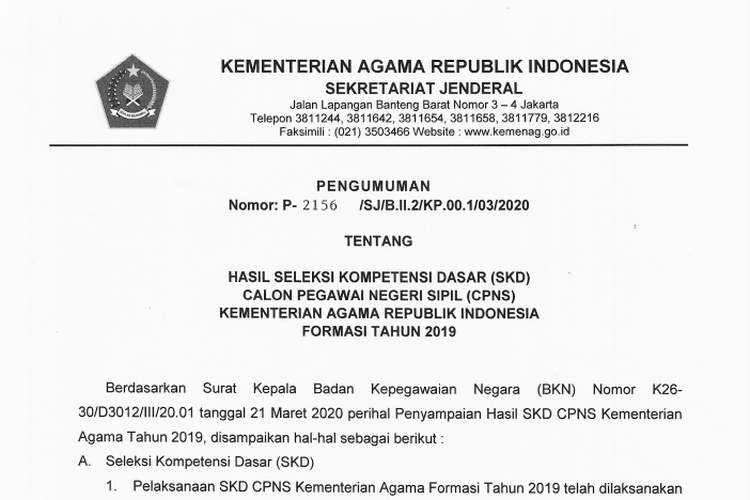 Tangkapan layar pengumuman hasil SKD CPNS Kemenag