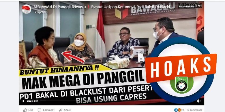 Tangkapan layar Facebook narasi yang menyebut bahwa Megawati dipanggil Bawaslu dan PDI-P tidak bisa mengusung capres