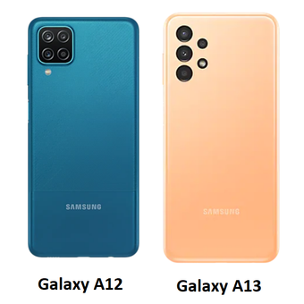 Perbandingan desain bagian belakang Galaxy A12 (kiri) dengan Galaxy A13 (kanan).