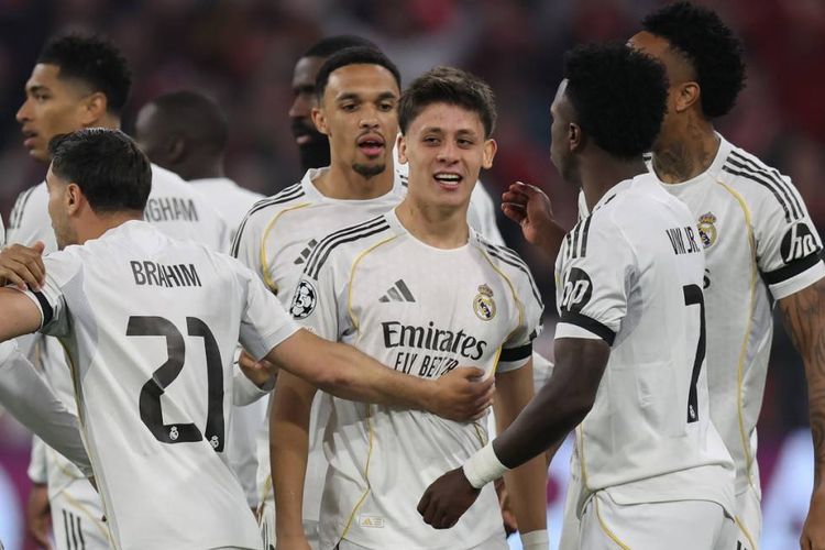 Gelandang serang Real Madrid, Arda Gueler, merayakan gol ke gawang Bayern Muenchen. Hasil Liga Champions Bayern Muenchen vs Real Madrid berlangsung di Allianz Arena, Kamis (16/4/2026) pukul 02.00 WIB.