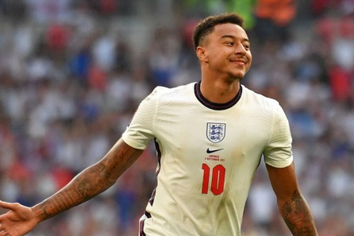 Penyerang timnas Inggris, Jesse Lingard, merayakan gol ke gawang Andorra pada laga lanjutan Kualifikasi Piala Dunia 2022 Zona Eropa di Stadion Wembley, Minggu (5/9/2021) malam WIB.