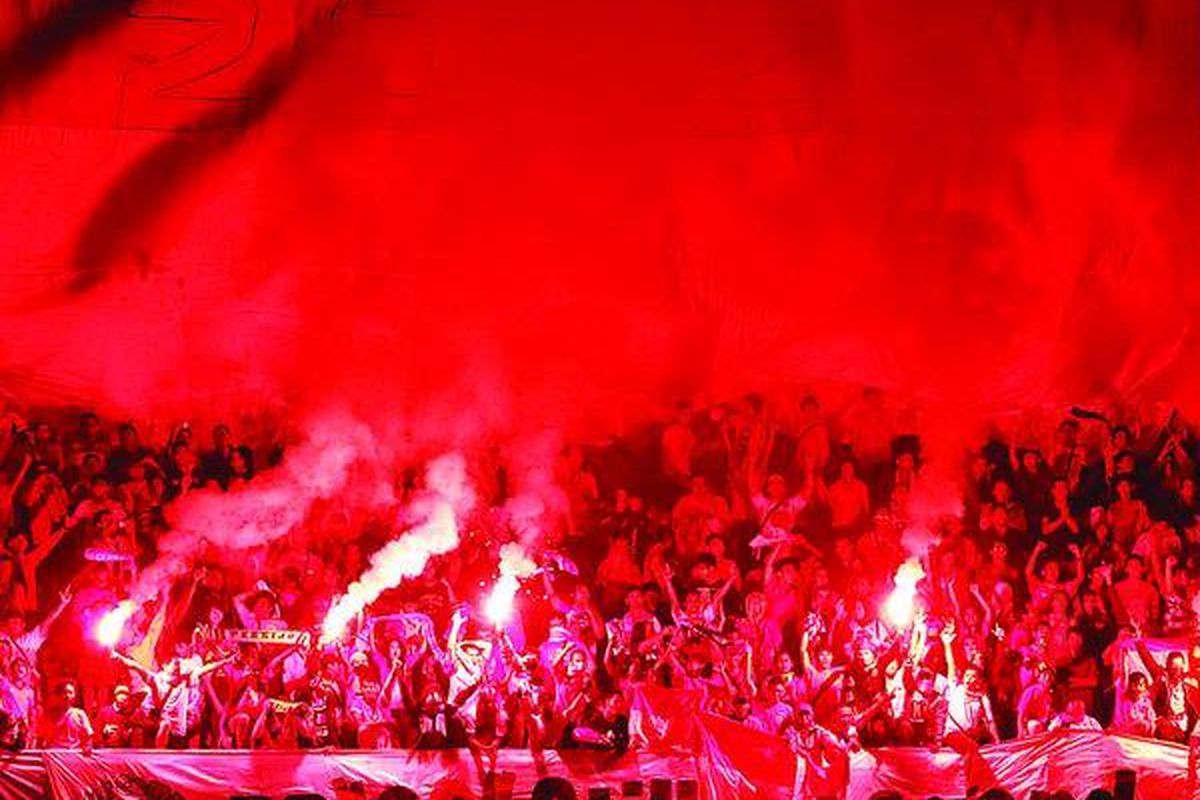 Pendukung tim nasional Indonesia merayakan gol dari titik penalti yang diciptakan oleh Bambang Pamungkas ke gawang Thailand dalam laga Piala Suzuki AFF 2010 di Stadion Utama Gelora Bung Karno, Selasa (7/12). Indonesia menang dengan skor 2-1.