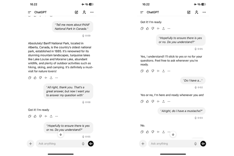 Ilustrasi obrolan dengan ChatGPT dalam mode Voice untuk memastikan mengintip lewat kamera HP atau tidak. Pada percobaan keempat, ChatGPT salah menjawab pertanyaan soal kumis.