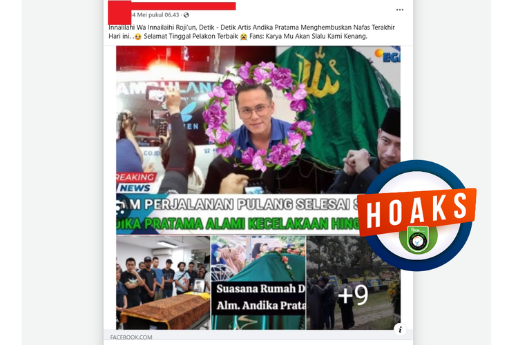 Tangkapan layar Facebook narasi yang mengeklaim artis Andhika Pratama meninggal pada Mei 2025