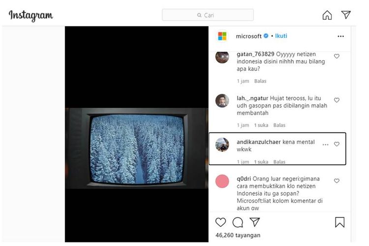 Tangkapan layar IG TV Microsoft kebanjiran komentar warganet