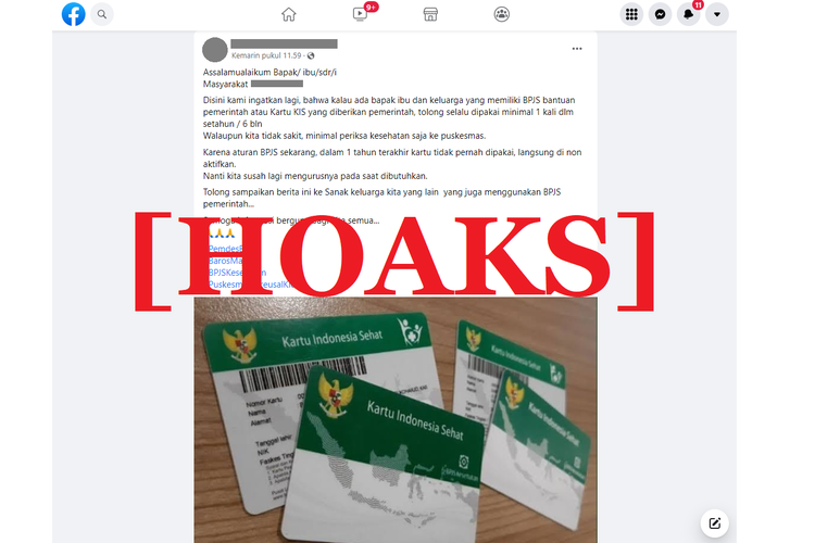 Tangkapan layar unggahan hoaks di sebuah akun Facebook, yang mengklaim bahwa BPJS Kesehatan akan dinonaktifkan jika tidak dipakai dalam setahun.