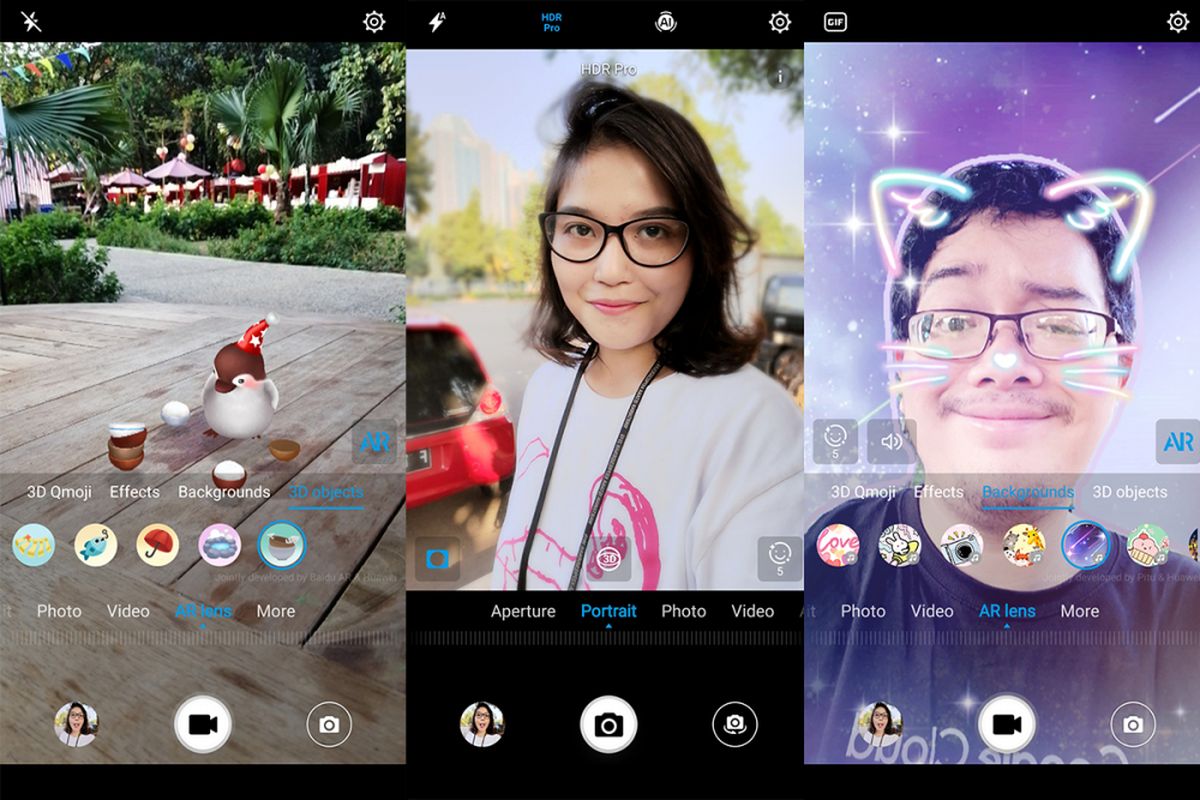 Kamera depan memanfaatkan Augmented Reality (AI) dan face recognition untuk menenpatkan aneka obyek virtual di dalam frame foto (kiri) atau di sekitar wajah pengguna (kanan). Seperti kamera belakang, kamera selfie milik Nova 3i juga mampu menerapkan efek bokeh di samping beautification dan simulasi lighting. 