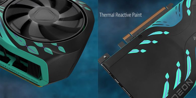 dengan thermal reactive paint, pola berwarna hijau dengan garis ungu di bagian depan shroud dan backplate dari AMD Radeon RX 7900 XTX edisi Avatar: Frontiers of Pandora hanya akan muncul ketika suhu kartu grafis berubah 