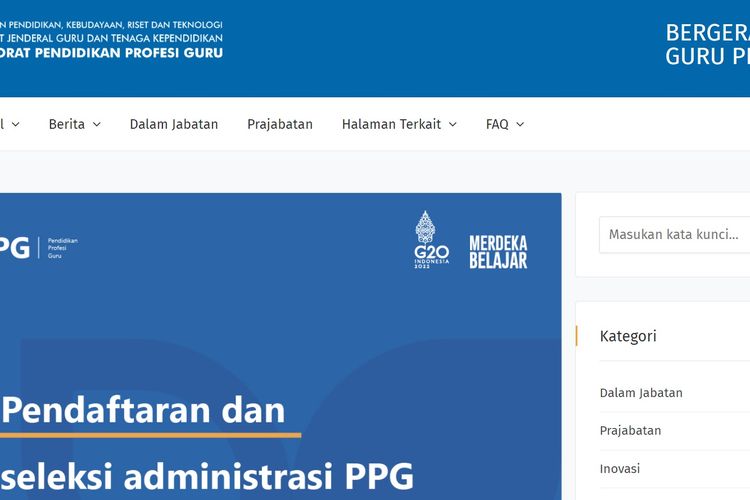 Laman pendaftaran Pendidikan Profesi Guru (PPG) 2022.