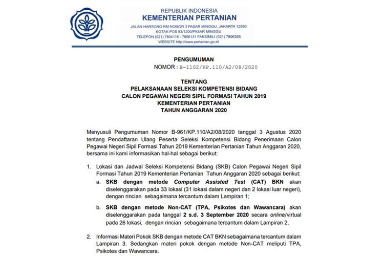 Tangkapan layar pengumuman SKB Kementan