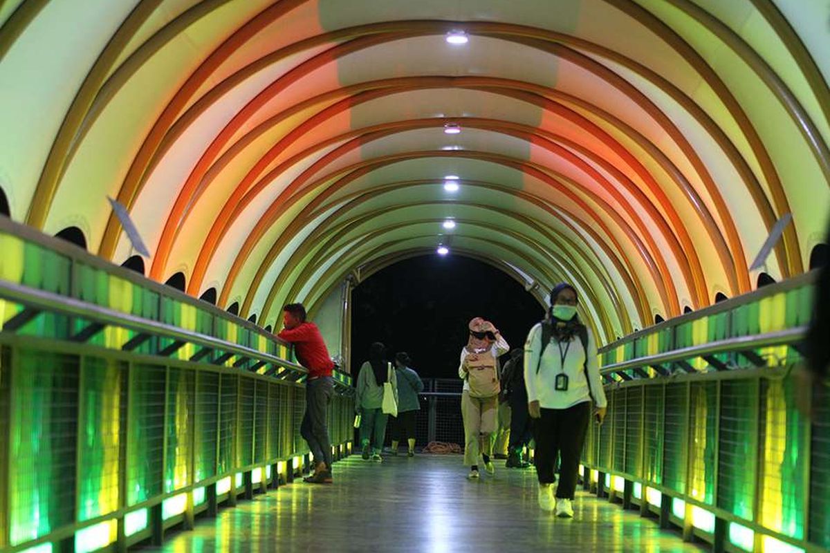 Sejumlah warga melintasi jembatan penyeberangan orang (JPO) di Pasar Minggu, Jakarta Selatan, Rabu (15/1/2020). Tidak hanya dijadikan akses menyeberang oleh pengguna jalan, JPO dengan tampilan 'instagramable' tersebut juga kerap dijadikan objek foto oleh masyarakat.