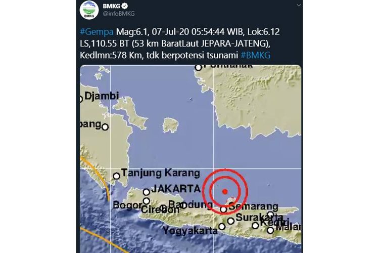 Tangkapan layar unggahan dari BMKG soal gempa bumi yang berpusat di Jepara, Jawa Tengah pada Selasa (7/7/2020) sekitar pukul 05.54 WIB.