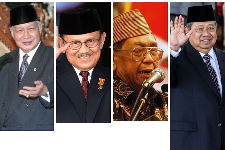 Kolase foto: Presiden ke-2 RI Soekarno; Presiden ke-3 RI BJ Habibie; Presiden ke-4 RI Gus Dur; Presiden ke-6 RI Susilo Bambang Yudhoyono (SBY)
