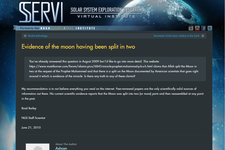 Tangkapan layar laman institusi virtual NASA, 21 Juni 2010, berisi tanggapan Staf Scientist NASA Lunar Science Institute (NLSI) Brad Bailey tentang tidak adanya bukti ilmiah yang melaporkan adanya Bulan yang terbelah dua.