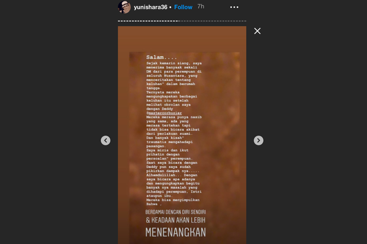 Tangkapan layar Insta Story Yuni Shara