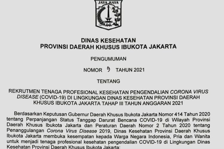 Tangkapan layar Surat Pengumuman Dinas Kesehatan (Dinkes) DKI Jakarta Nomor 9 Tahun 2021 tentang rekrutmen Tenaga Profesional Kesehatan Pengendalian Covid-19 Dinkes Provinsi DKI Jakarta.