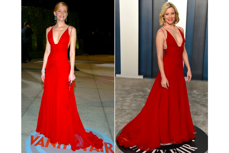Artis peran Elizabet Banks mengenakan kembali gaun Badgley Mischka merah di pesta Oscar 2020 yang digelar Minggu waktu setempat. 