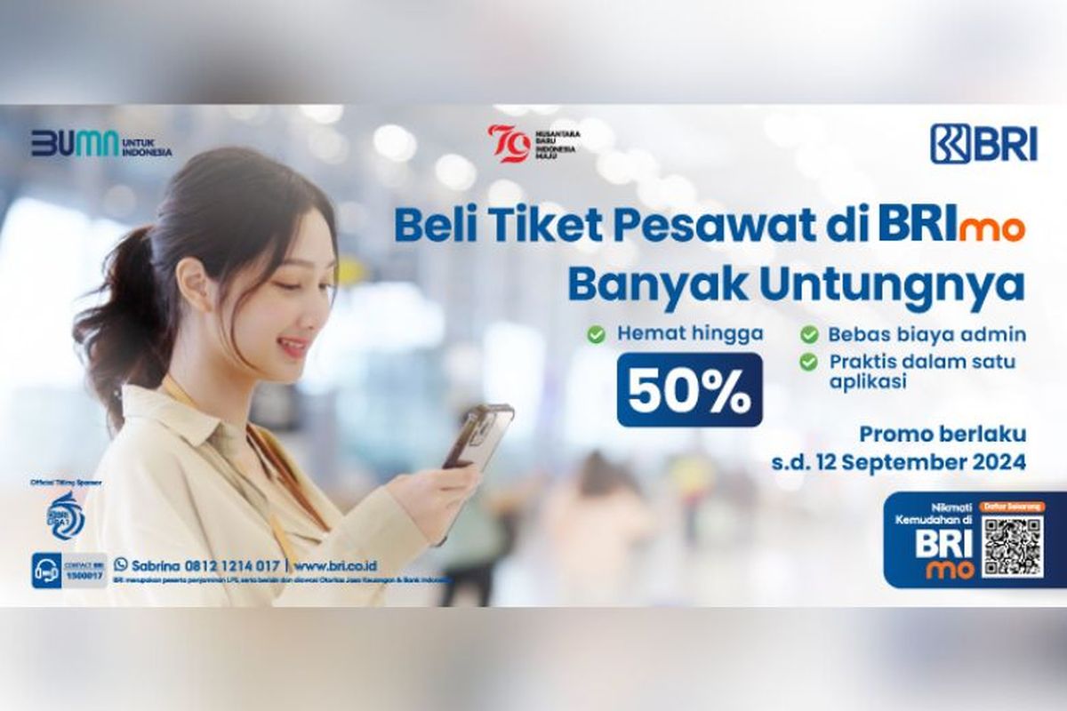 BRI juga memberikan promo cashback 50 persen hingga Rp 150.000 untuk pembelian tiket pesawat melalui BRImo. Kuotanya terbatas, hanya berlaku untuk 50 pembeli tercepat setiap hari selama periode promo sampai 12 September 2024.