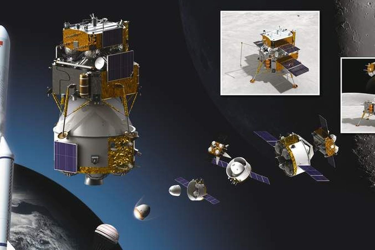 Ilustrasi ini menunjukkan komponen misi pengembalian sampel bulan Change 5 yang ambisius dari China. 