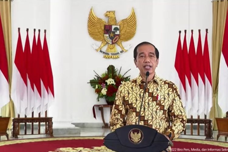 Indonesian President Joko Widodo delivers his televised speech from Bogor Palace on Wednesday, Feb. 23, 2022. 