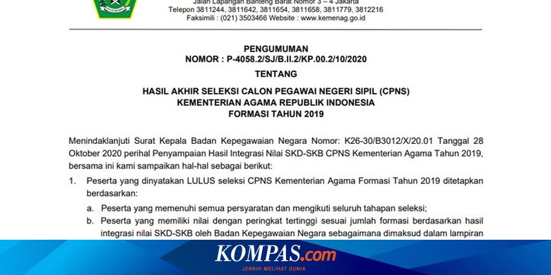 Hasil Cpns 2019 Kemenag Sudah Diumumkan Ini Link Dan Informasi Pemberkasannya