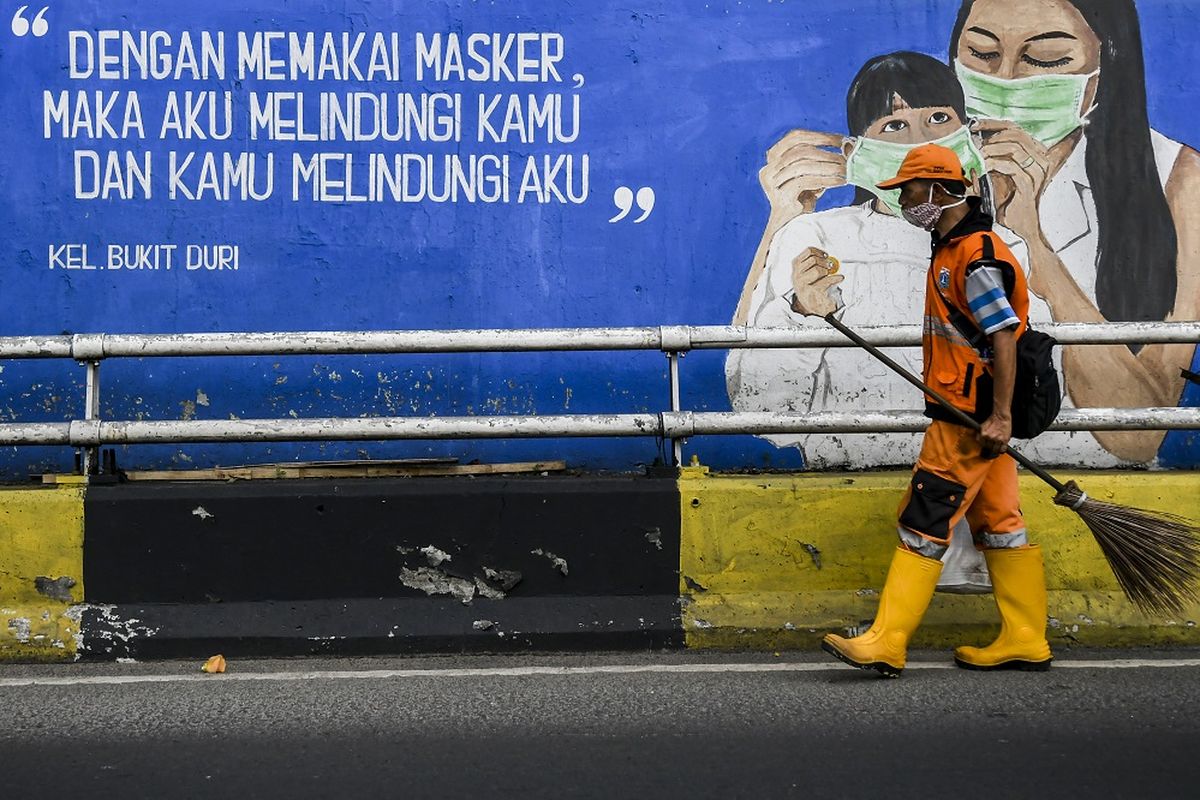 Petugas kebersihan melintas di depan mural tentang pandemi Covid-19 di Kawasan Tebet, Jakarta, Selasa (15/9/2021). 