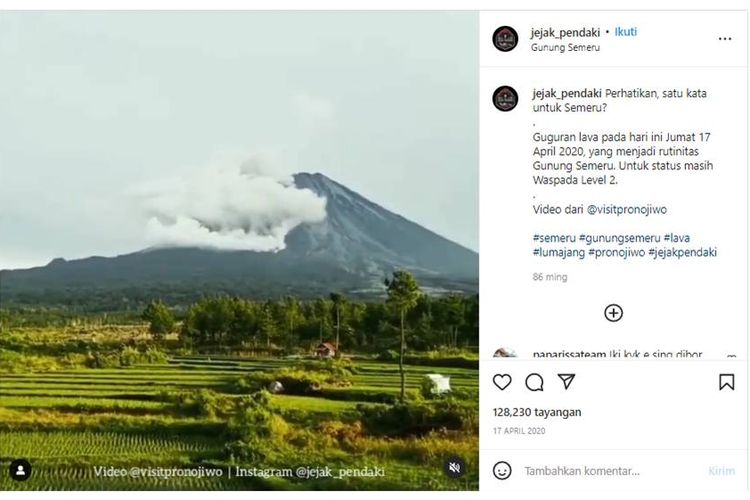 Tangkapan layar unggahan instagram tentang erupsi Semeru 17 April 2020