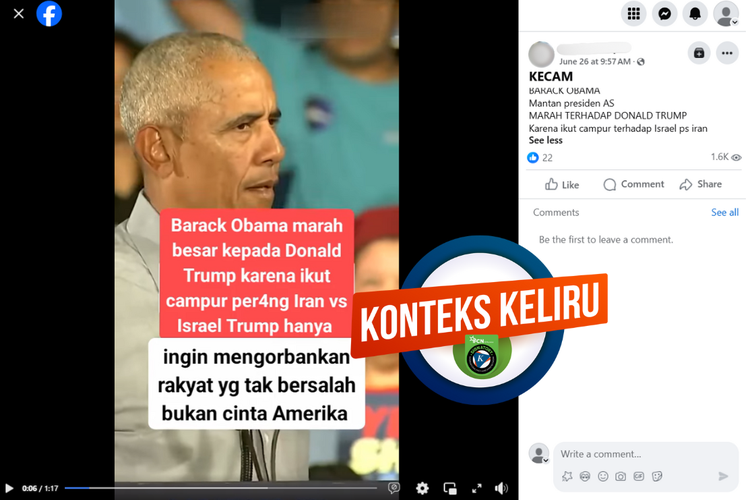 Tangkapan layar konten dengan konteks keliru di sebuah akun Facebook, 26 Juni 2025, menampilkan video Obama marah karena Trump ikut campur perang antara Israel dan Iran.