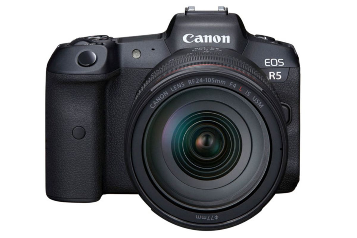 Kamera mirrorless full-frame Canon EOS R5, tampak depan