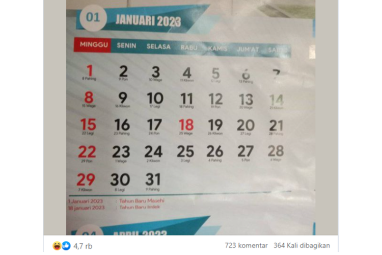 Tangkapan layar unggahan foto kalender dengan tanggal merah tahun baru Imlek jatuh pada 18 Januari 2023.