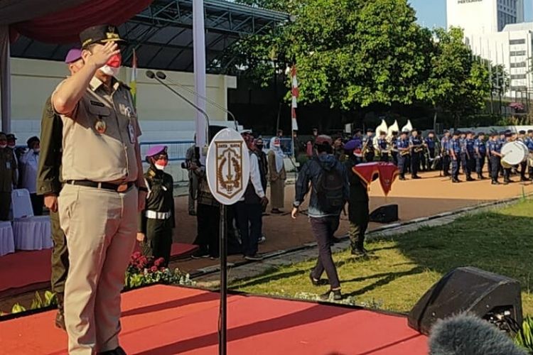 Wakil Gubernur DKI Jakarta Ahmad Riza Patria ketika Apel Akbar Kebangsaan Tahun 2022 di Lapangan Banteng, Jakarta Pusat, Senin (15/8/2022).