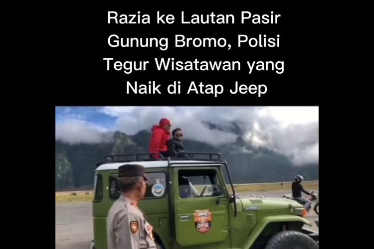 Potongan gambar video polisi tegur sopir jip karena wisatawan naik di atap jip.