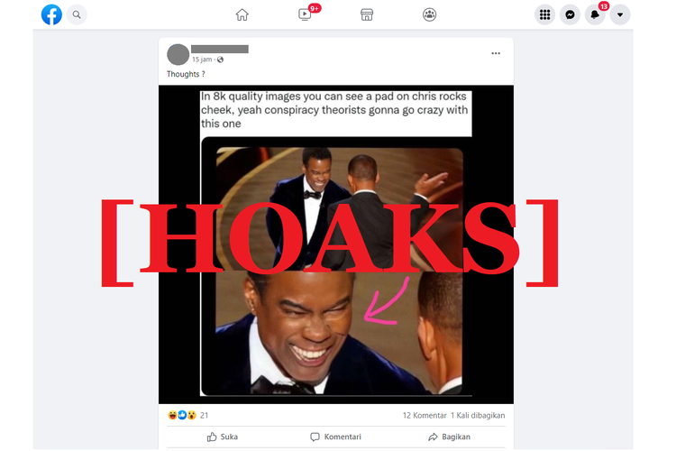 Tangkapan layar unggahan hoaks di sebuah akun Facebook, pada 31 Maret 2022, yang menyebut Chris Rick memakai bantalan pelindung saat ditampar oleh Will Smith.