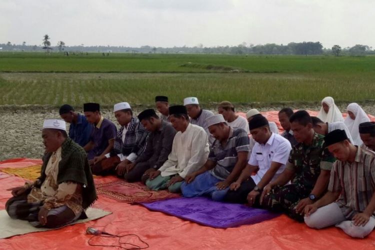 Puluhan petani di Desa Matang Keh, Kecamatan Pirak Timu, Kabupaten Aceh Utara, Rabu (14/2/2018), melaksanakan shalat sunat istisqa (minta hujan) di area persawahan yang mengering. 
