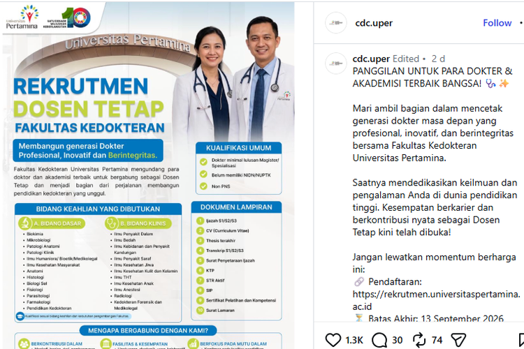 Rekrutmen Dosen Tetap FK Universitas Pertamina, Minimal Lulusan S2 atau Spesialis