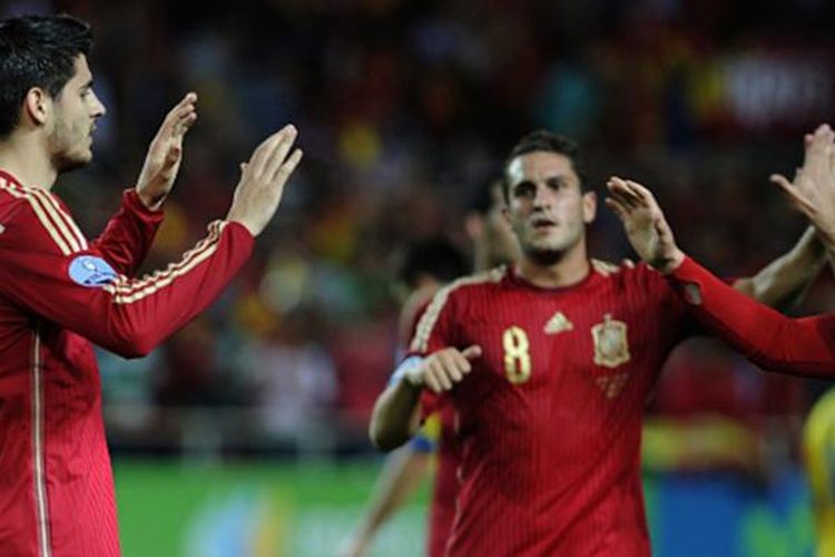 Alvaro Morata cetak gol pertama bagi timnas Spanyol saat menang atas Ukraina. 