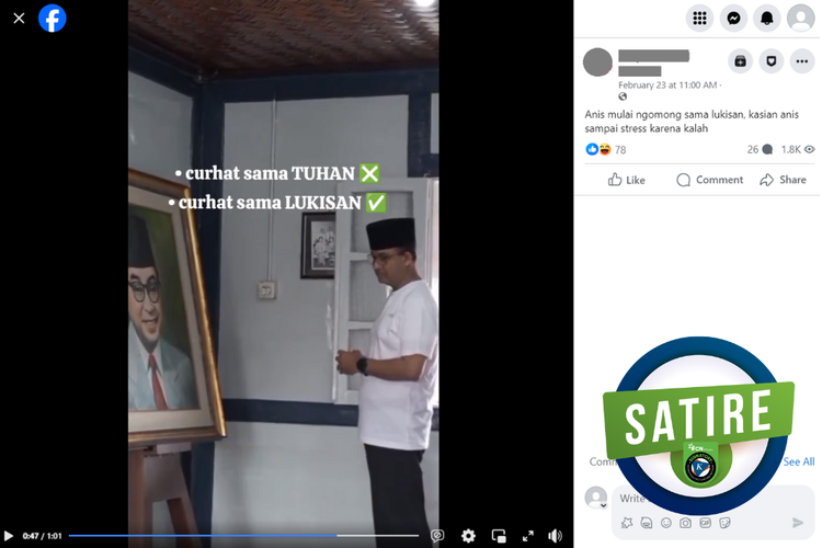 Tangkapan layar konten satire di sebuah akun Facebook, 23 Februari 2024, soal video Anies bicara depan lukisan akibat kalah dalam Pilpres 2024.