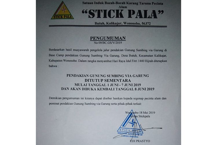 Informasi Penutupan Jalur Pendakian Gunung Sumbing via Garung pada Momen Lebaran 2019.