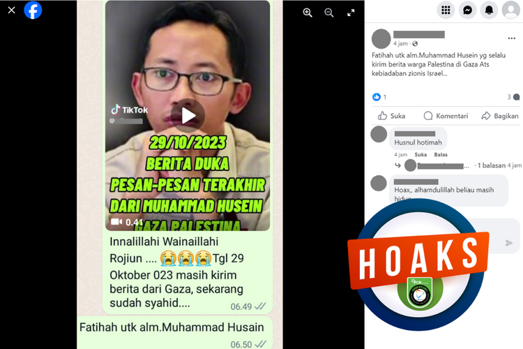 Tangkapan layar unggahan dengan narasi hoaks di sebuah akun Facebook, Jumat (3/11/2023), soal kabar wafatnya relawan Indonesia yang berada di Gaza bernama Muhammad Husein.